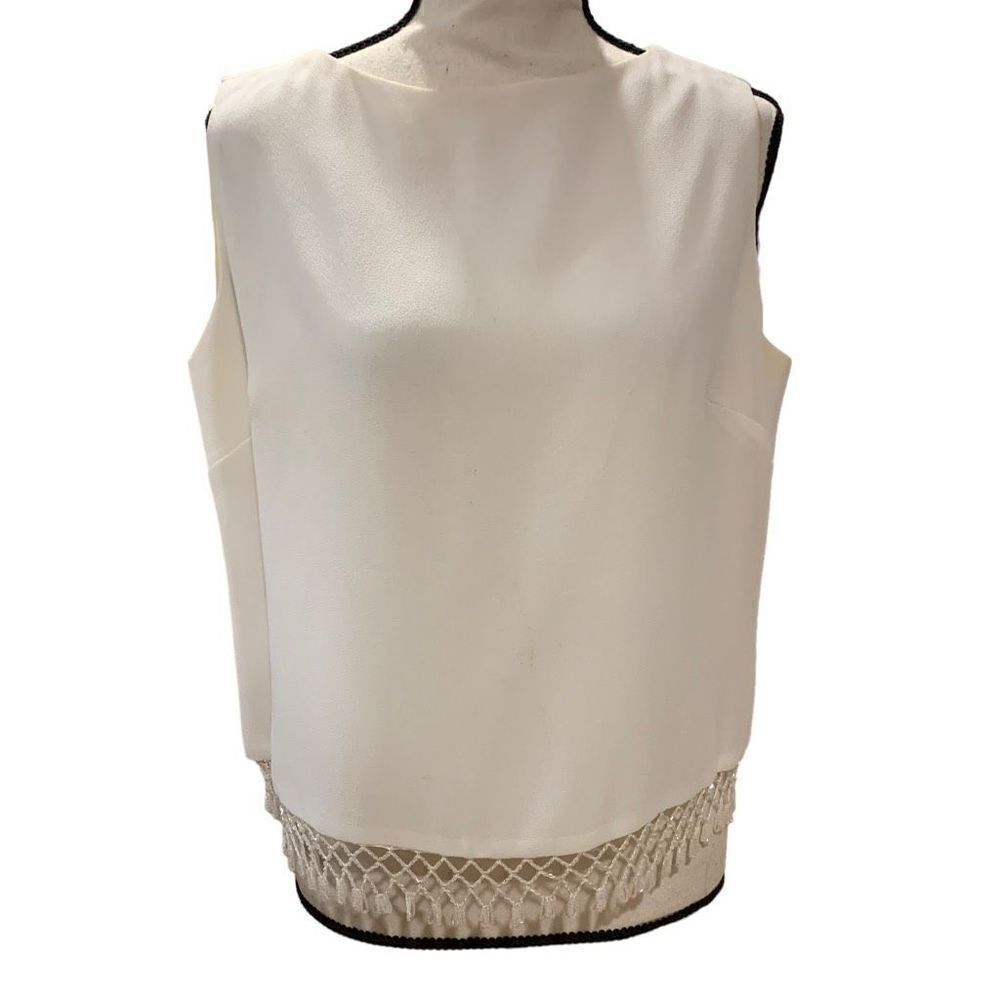 Vintage 80s 90s White Silk? High NeckTop Beaded Open Weave Hem Women Medium